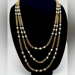 VTG Lady Remington Gold Curb Chain & Pearl Multi-Strand Cascade Necklace Signed